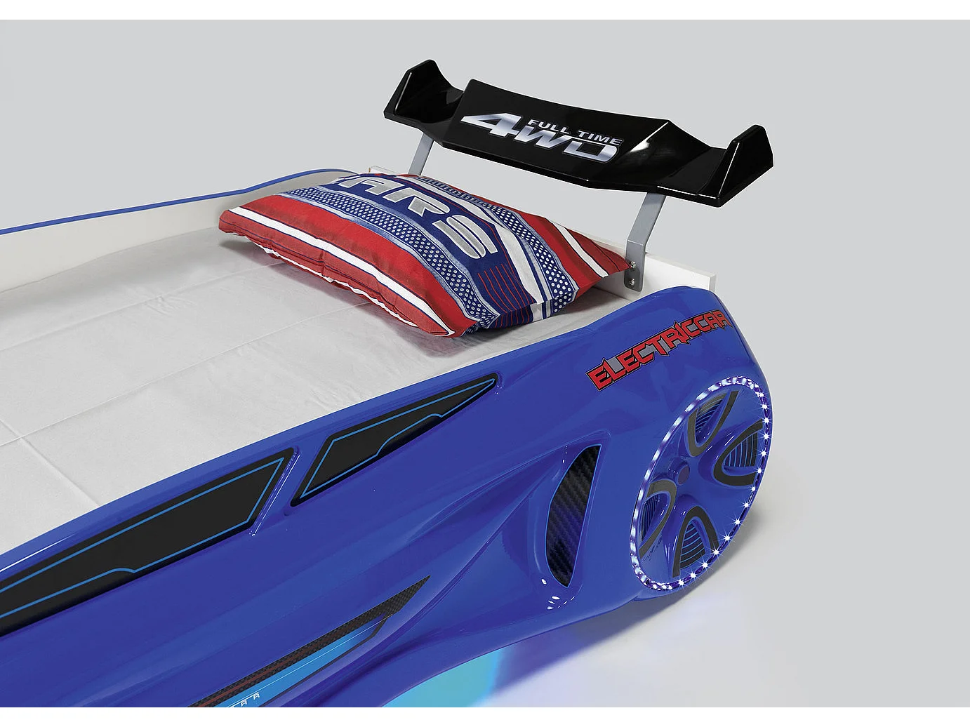 Lit voiture enfant futuriste bleu à Led avec effets sonores 90x190