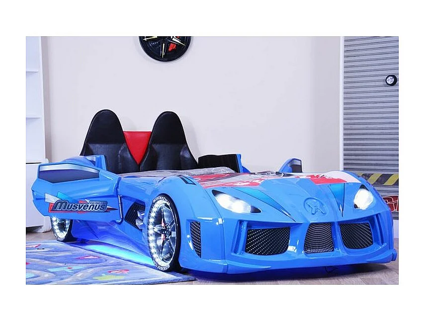 Lit voiture de sport bleu à Led avec effets sonores Competition 90x190
