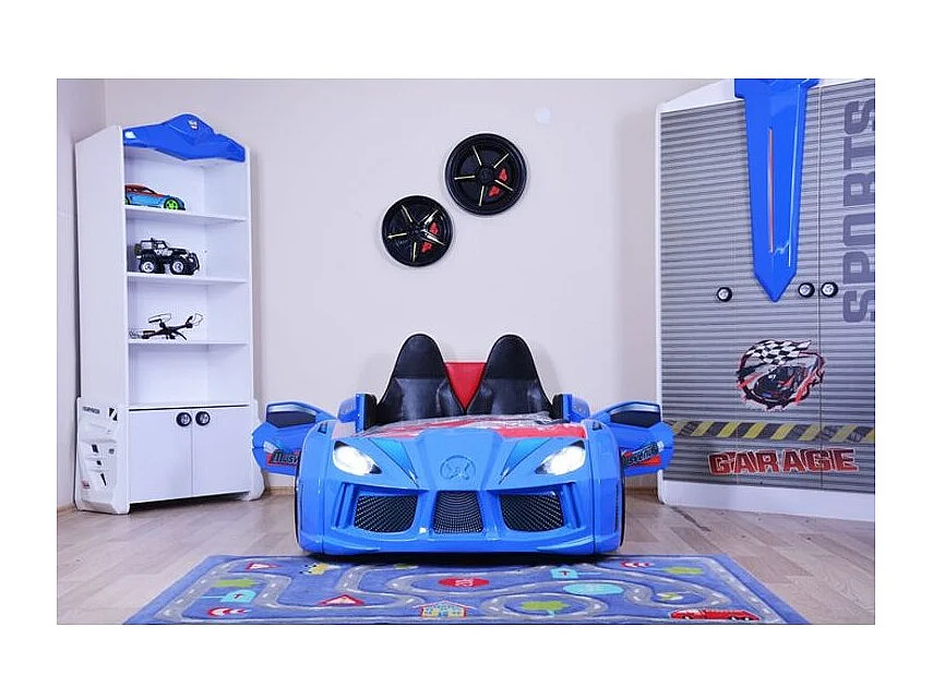 Lit voiture de sport bleu à Led avec effets sonores Competition 90x190