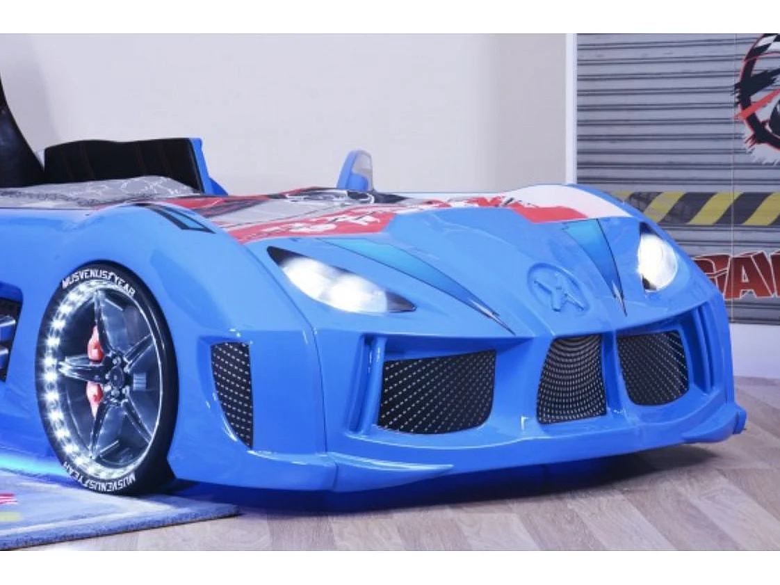 Lit voiture de sport bleu à Led avec effets sonores Competition 90x190