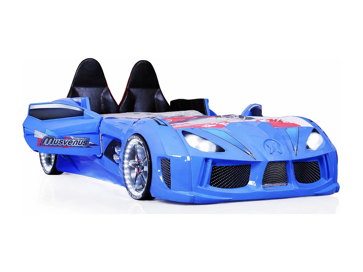 Lit voiture de sport COMPETITION à LED et effets sonores – 90x190-Bleu