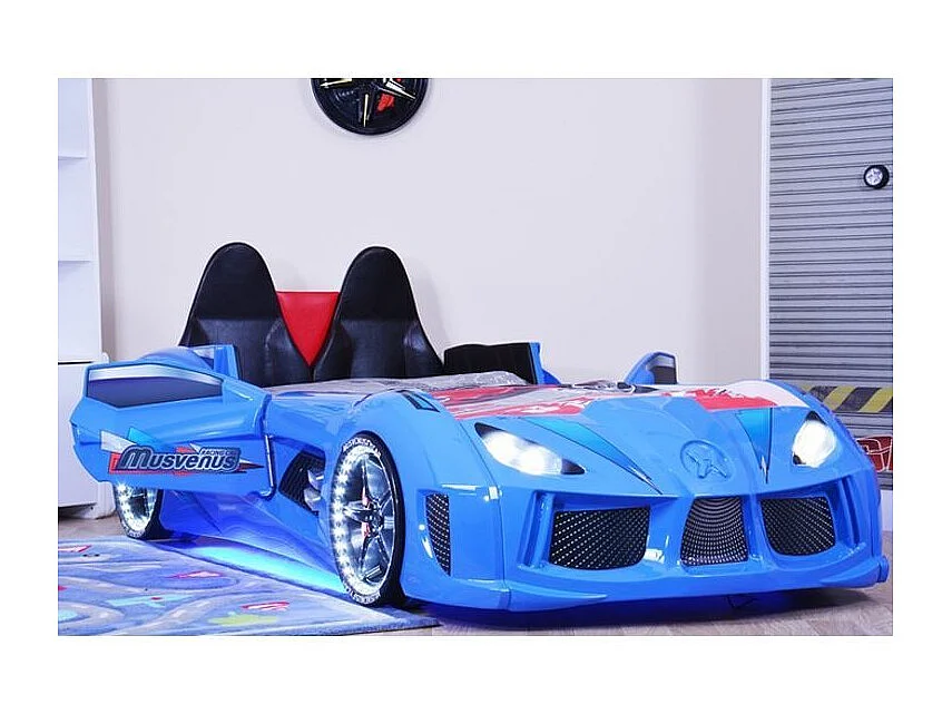 Lit voiture de sport COMPETITION à LED et effets sonores – 90x190-Bleu