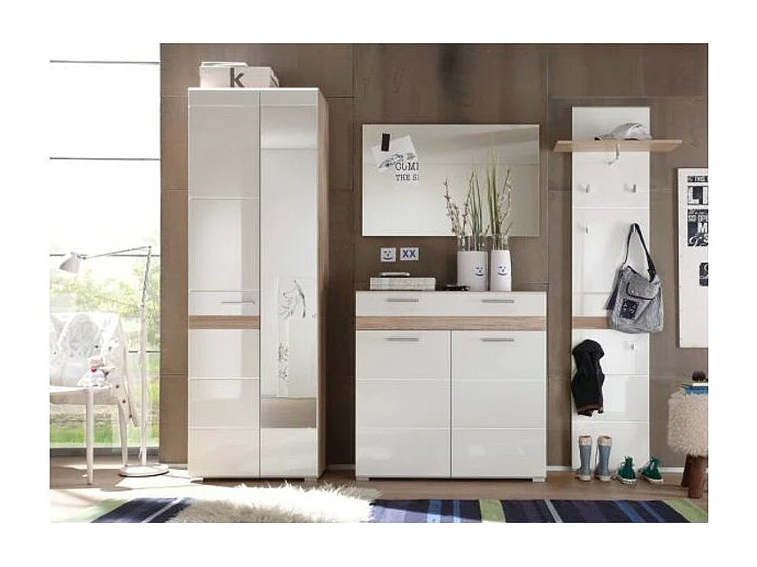 Armoire de rangement 1 porte miroir 1 porte blanc brillant et chêne clair Varok 62cm
