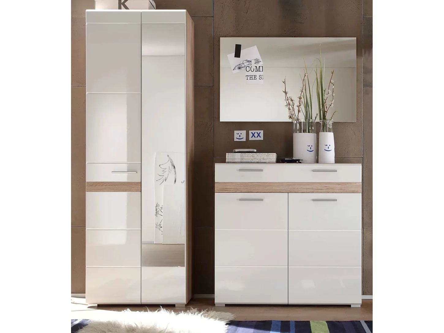 Armoire de rangement 1 porte miroir 1 porte blanc brillant et chêne clair Varok 62cm