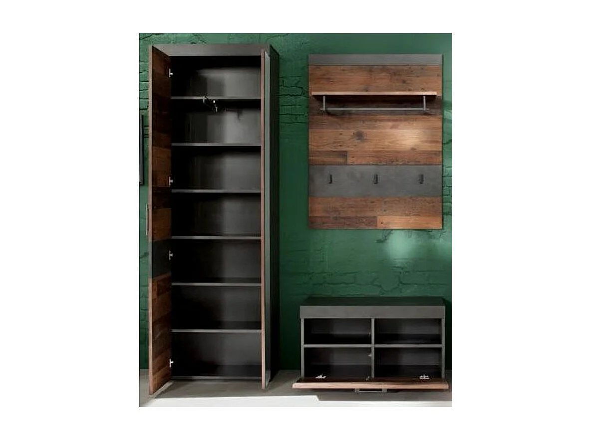 Ensemble meuble d'entrée 3 pièces mélaminé chêne foncé et gris Orcel