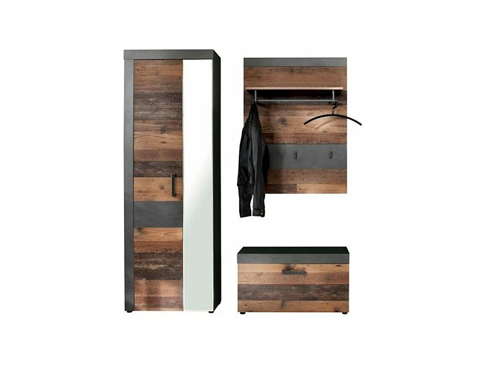 Ensemble meuble d'entrée 3 pièces mélaminé chêne foncé et gris Orcel