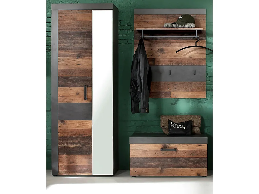 Ensemble meuble d'entrée 3 pièces mélaminé chêne foncé et gris Orcel