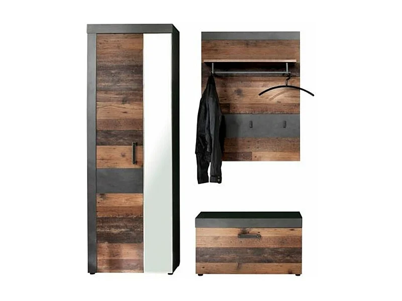 Ensemble meuble d'entrée 3 pièces mélaminé chêne foncé et gris Orcel