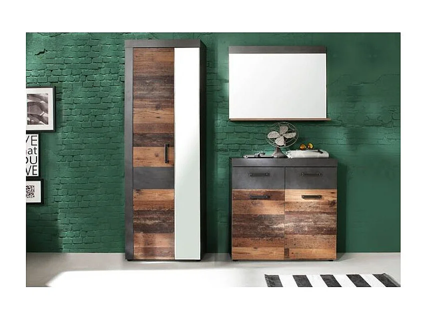 Ensemble meuble d'entrée 3 pièces chêne foncé et gris avec miroir Orcel