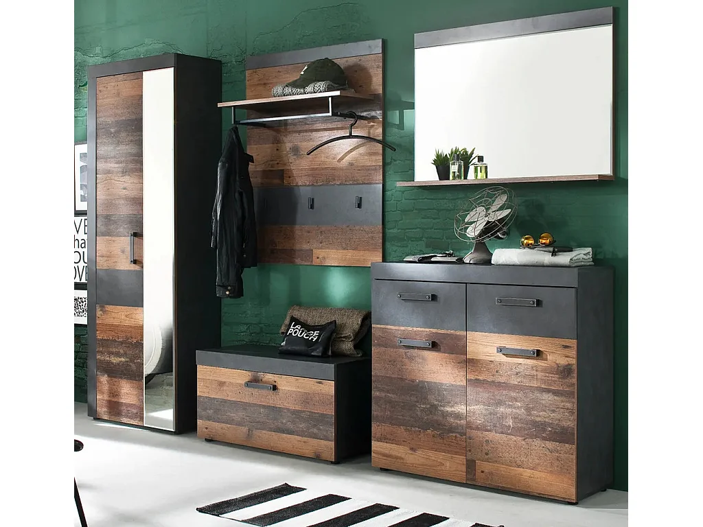 Ensemble meuble d'entrée 3 pièces chêne foncé et gris avec miroir Orcel