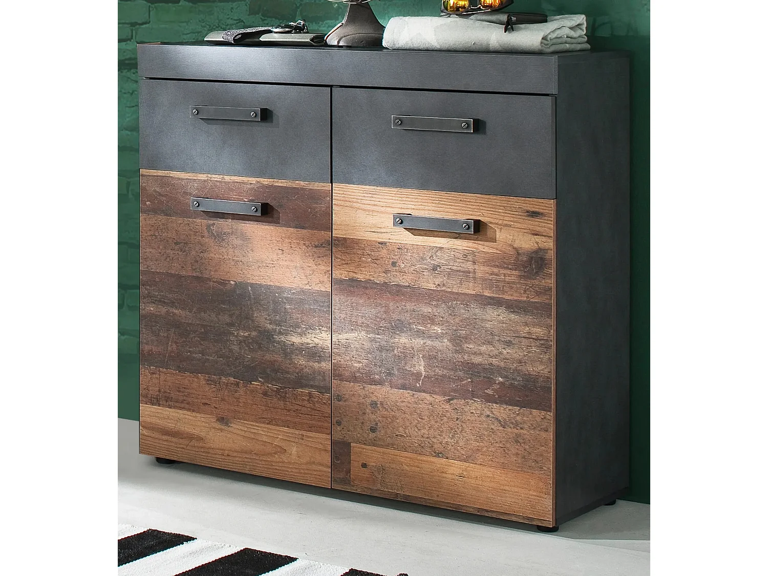 Ensemble meuble d'entrée 3 pièces chêne foncé et gris avec miroir Orcel