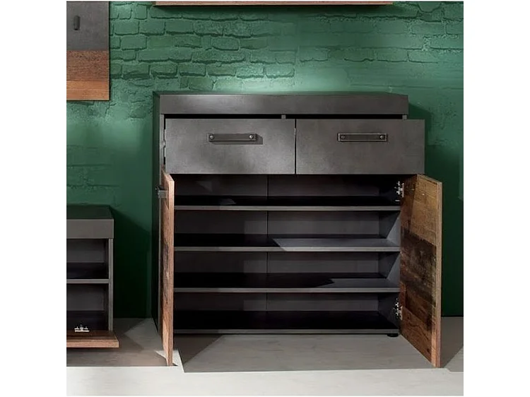 Ensemble meuble d'entrée 3 pièces chêne foncé et gris avec miroir Orcel