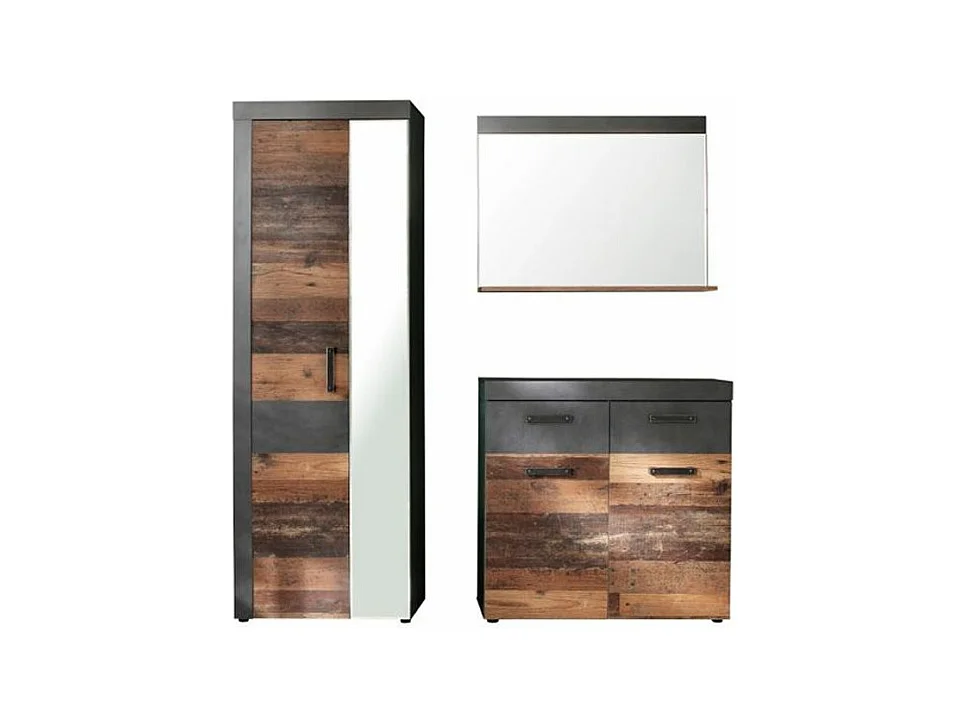 Ensemble meuble d'entrée 3 pièces chêne foncé et gris avec miroir Orcel