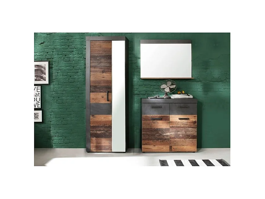 Juego de muebles de entrada de 3 piezas en roble oscuro y gris con espejo Orcel