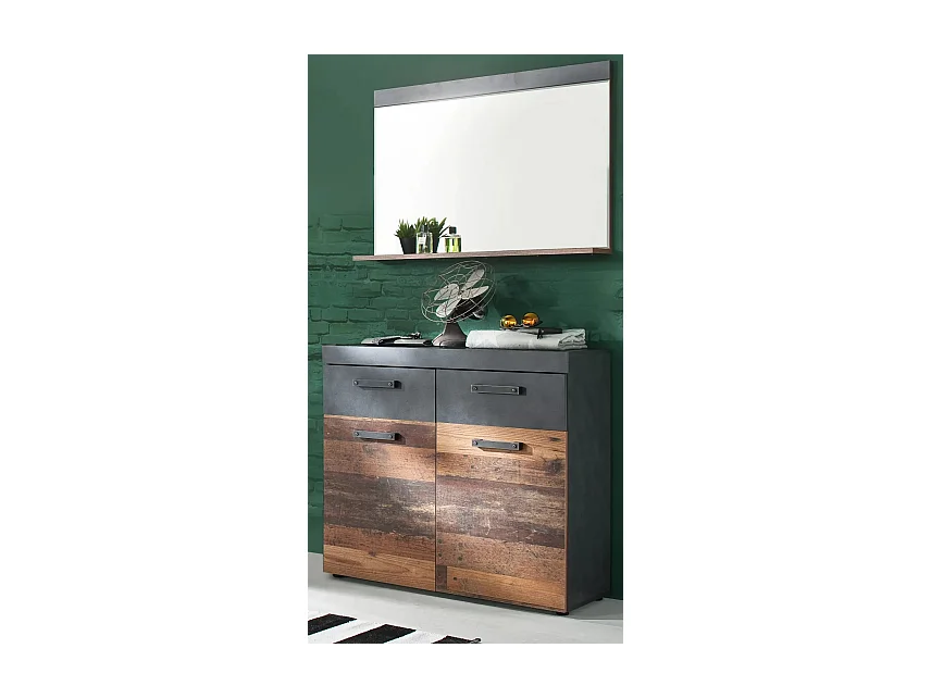 Juego de muebles de entrada de 3 piezas en roble oscuro y gris con espejo Orcel