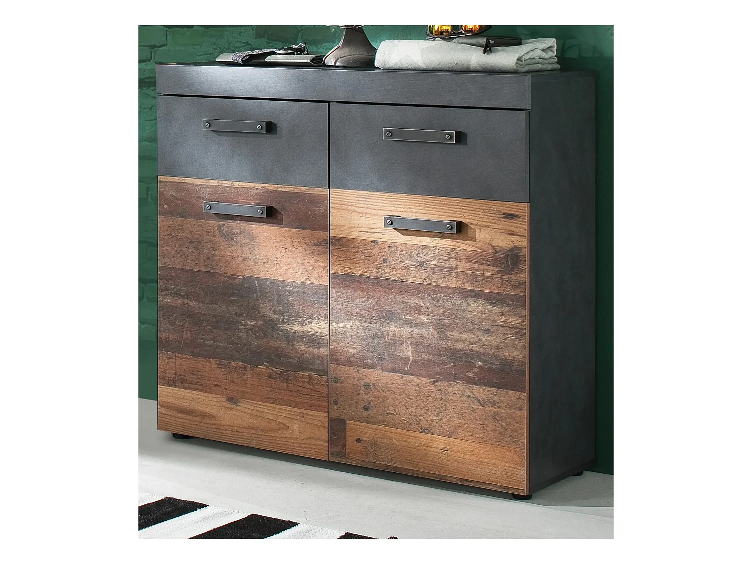 Juego de muebles de entrada de 3 piezas en roble oscuro y gris con espejo Orcel