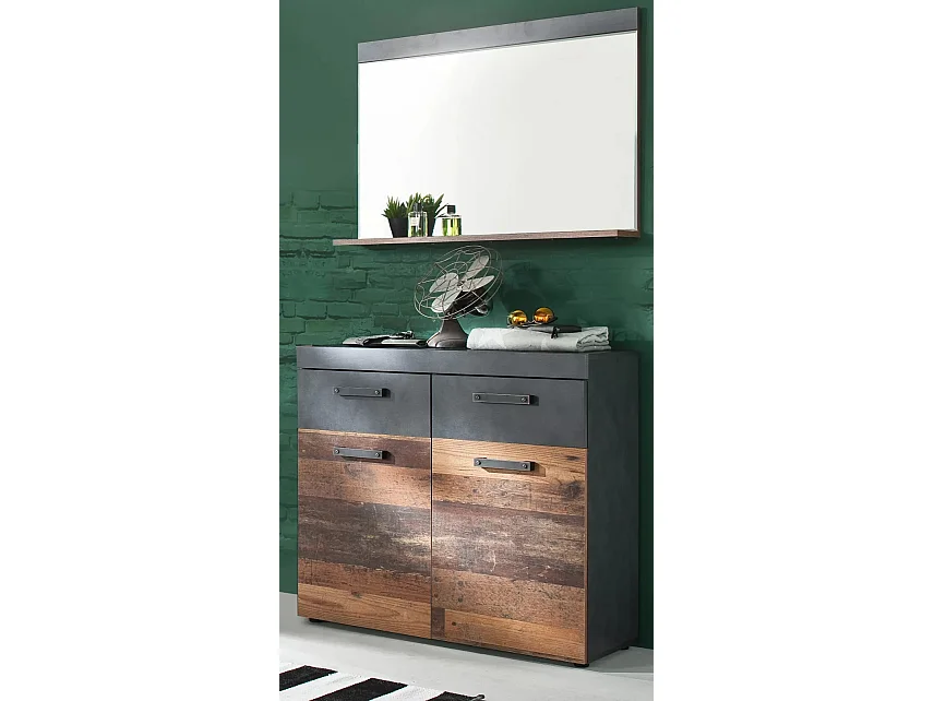 Juego de muebles de entrada de 3 piezas en roble oscuro y gris con espejo Orcel