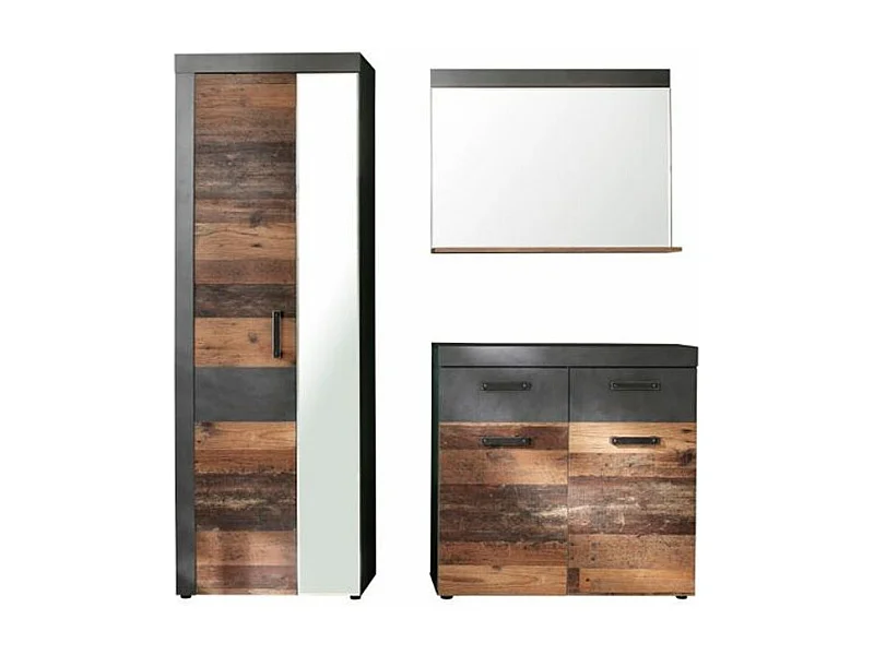 Ensemble meuble d'entrée 3 pièces chêne foncé et gris avec miroir Orcel