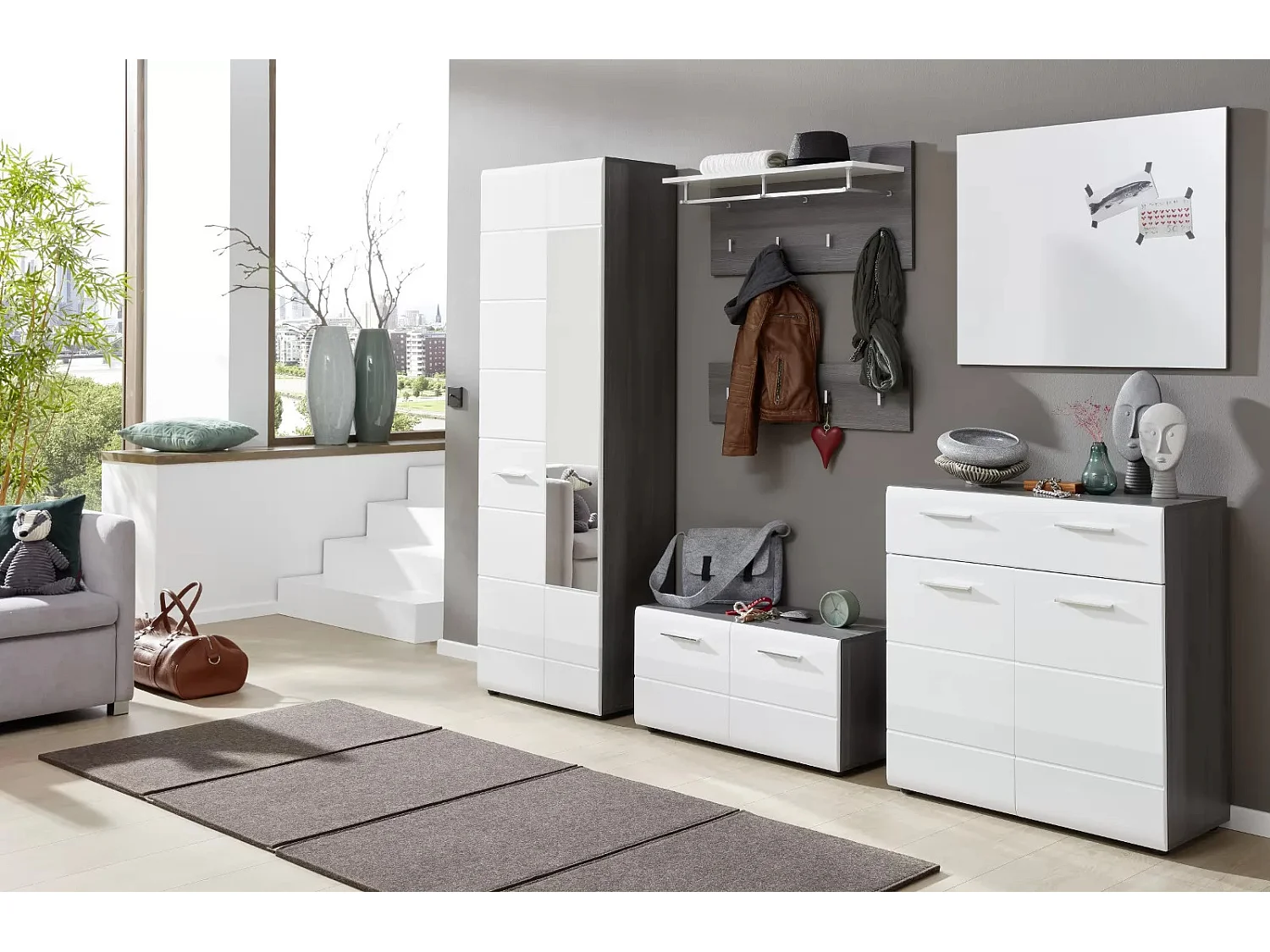 Armoire de rangement 2 portes mélaminé blanc et gris avec miroir Bezzi