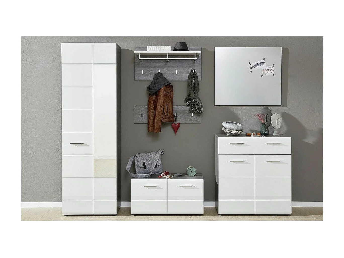 Armoire de rangement 2 portes mélaminé blanc et gris avec miroir Bezzi