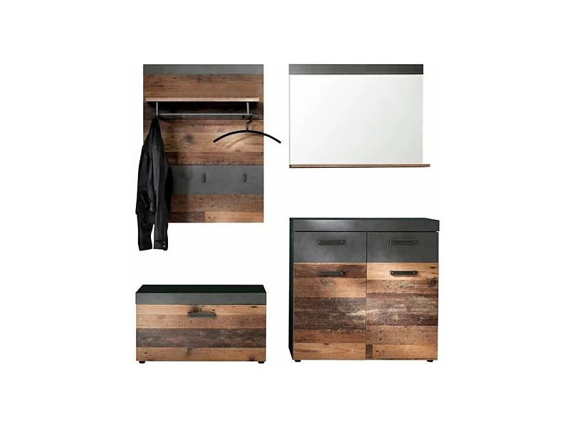 Ensemble meuble d'entrée 4 pièces chêne foncé et gris avec miroir Orcel