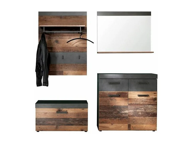 Ensemble meuble d'entrée 4 pièces chêne foncé et gris avec miroir Orcel
