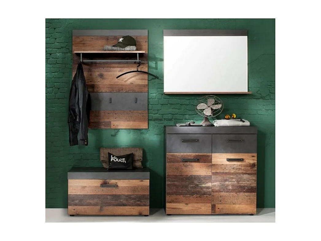 Ensemble meuble d'entrée 4 pièces chêne foncé et gris avec miroir Orcel