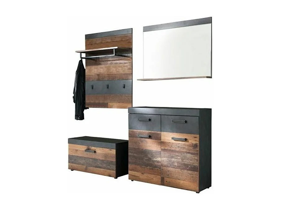 Ensemble meuble d'entrée 4 pièces chêne foncé et gris avec miroir Orcel