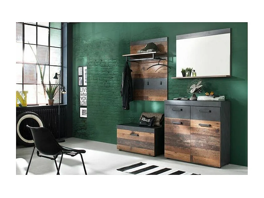 Ensemble meuble d'entrée 4 pièces chêne foncé et gris avec miroir Orcel