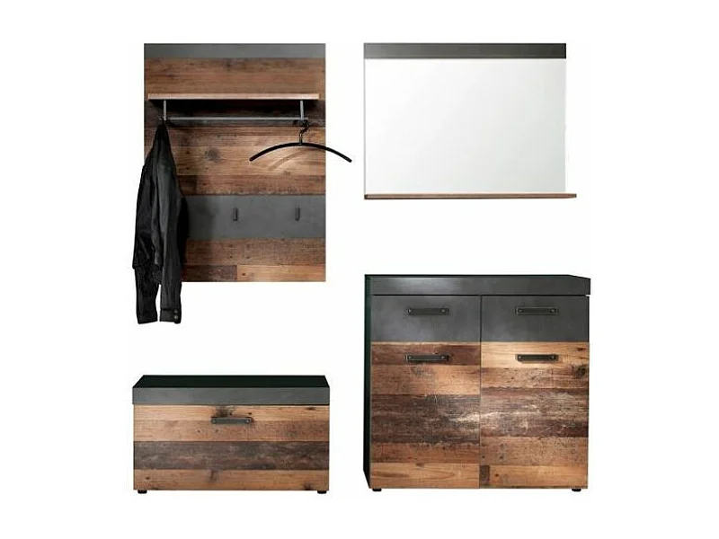 Ensemble meuble d'entrée 4 pièces chêne foncé et gris avec miroir Orcel