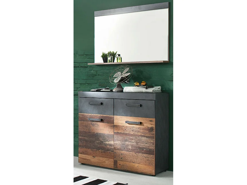 Ensemble meuble d'entrée 2 pièces chêne foncé et gris avec miroir Orcel