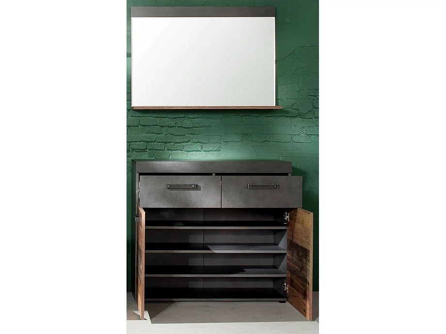 Ensemble meuble d'entrée 2 pièces chêne foncé et gris avec miroir Orcel