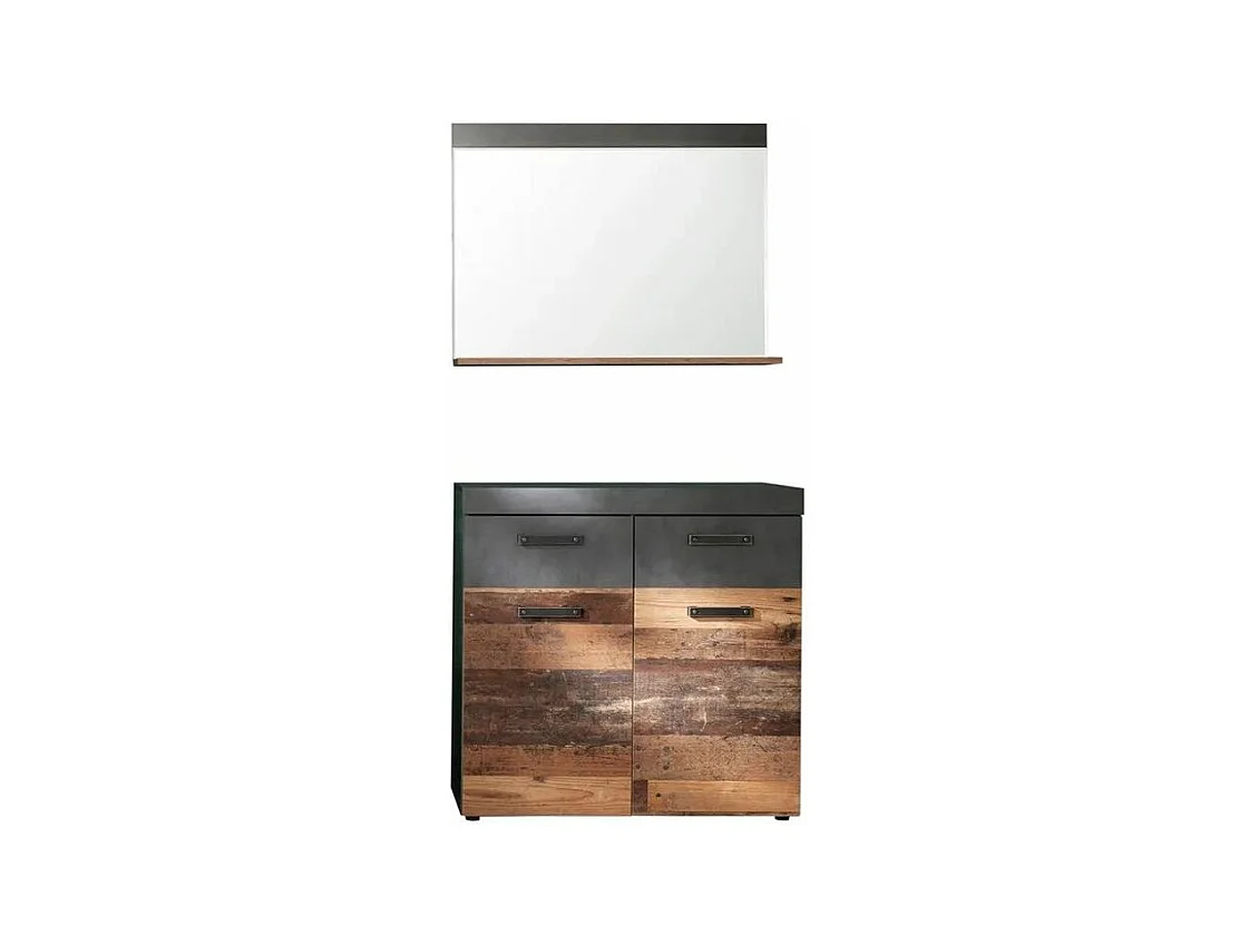 Ensemble meuble d'entrée 2 pièces chêne foncé et gris avec miroir Orcel