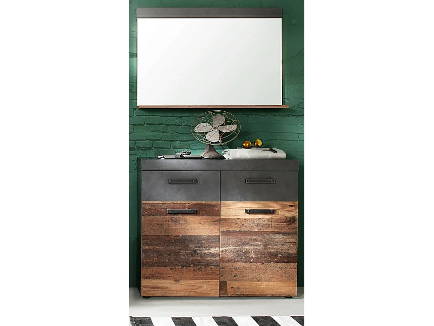 Ensemble meuble d'entrée 2 pièces chêne foncé et gris avec miroir Orcel