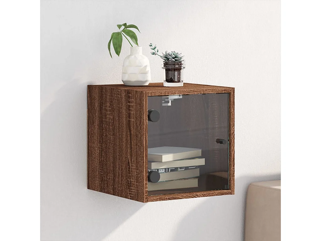Table de chevet avec porte en verre chêne marron 35x37x35 cm