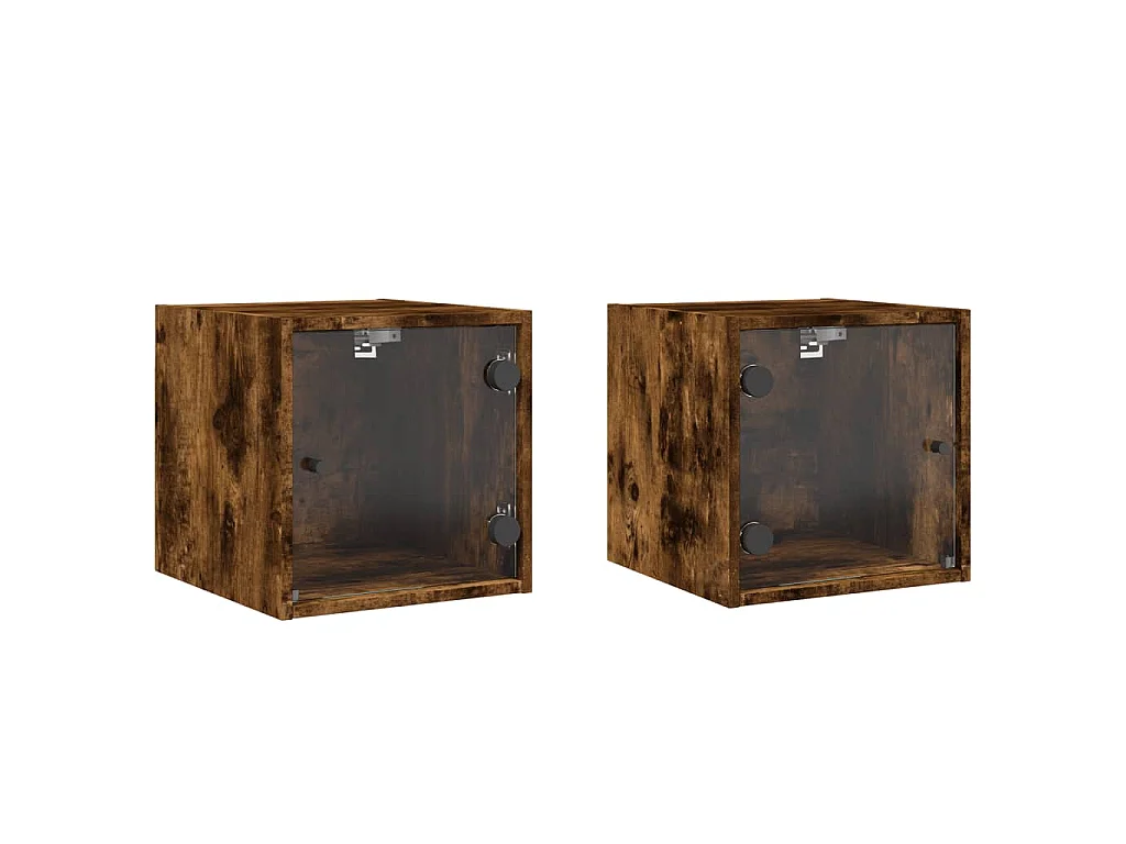 Tables de chevet et portes vitrées 2 pcs chêne fumé 35x37x35 cm