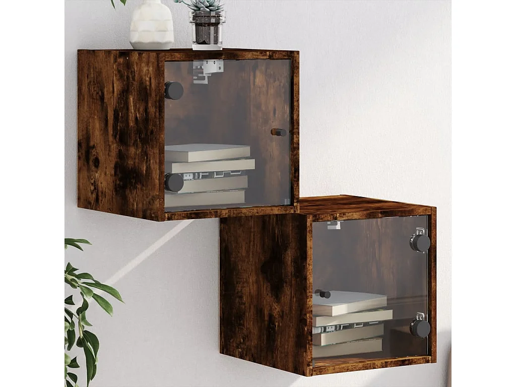 Tables de chevet et portes vitrées 2 pcs chêne fumé 35x37x35 cm