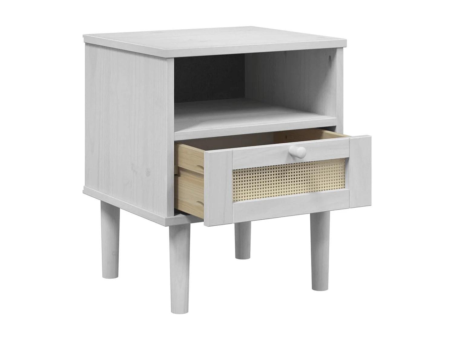 Comodino SENJA Bianco Aspetto Rattan 40x35x48 cm in Legno Pino