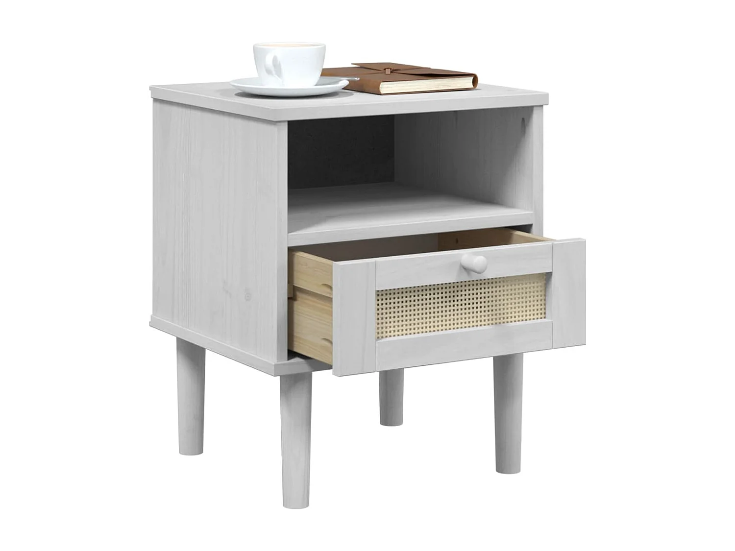 Table de chevet SENJA aspect de rotin blanc bois de pin massif