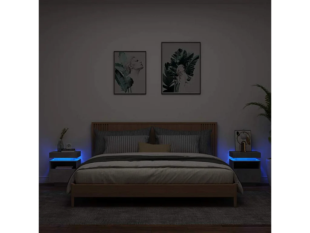 Armoires de chevet avec lumières LED 2 pcs gris béton