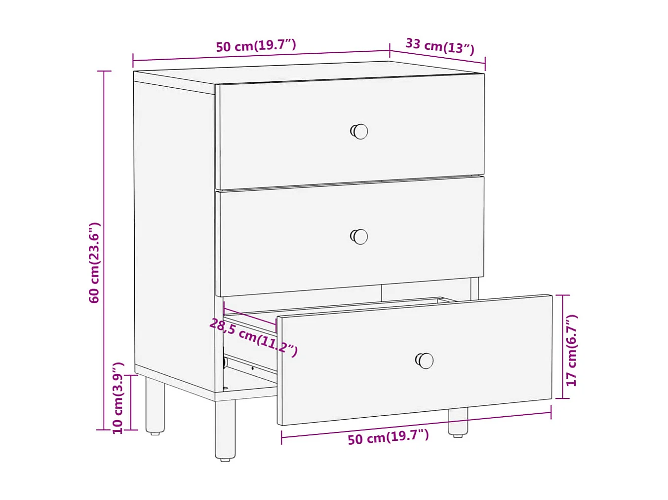 Table de chevet 50x33x60 cm bois d'acacia solide