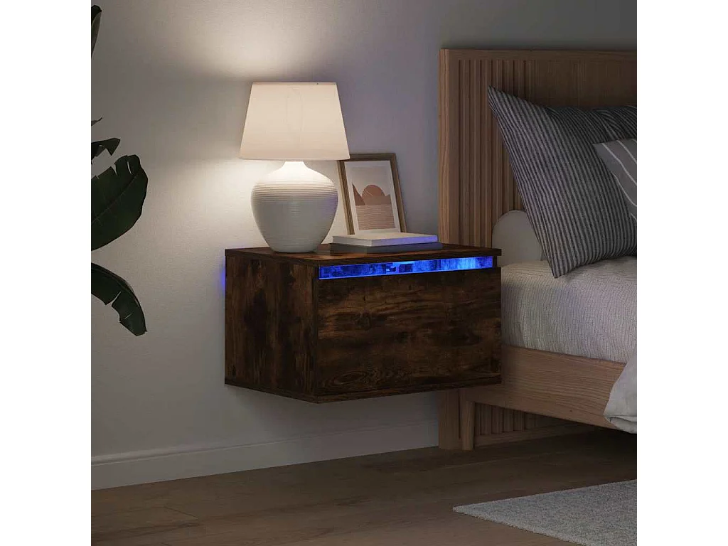 Table de chevet murale avec lumières LED chêne fumé