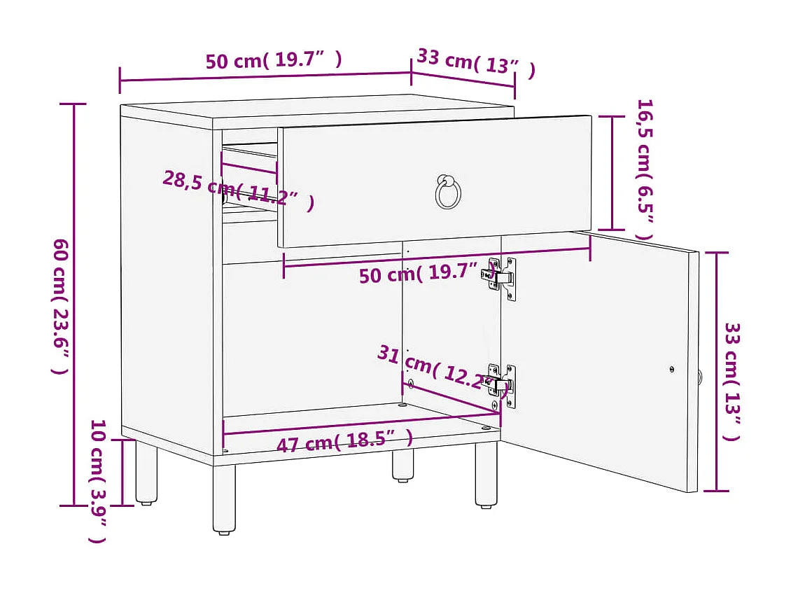 Table de chevet 50x33x60 cm bois de manguier massif