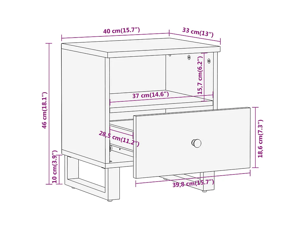 Table de chevet marron et noir bois de manguier solide