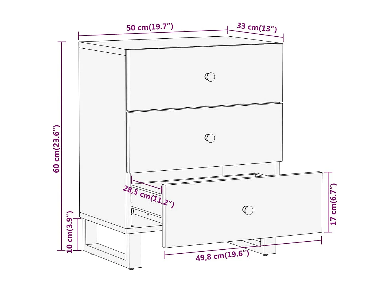 Mesita de noche madera maciza mango marrón y negro 50x33x60 c