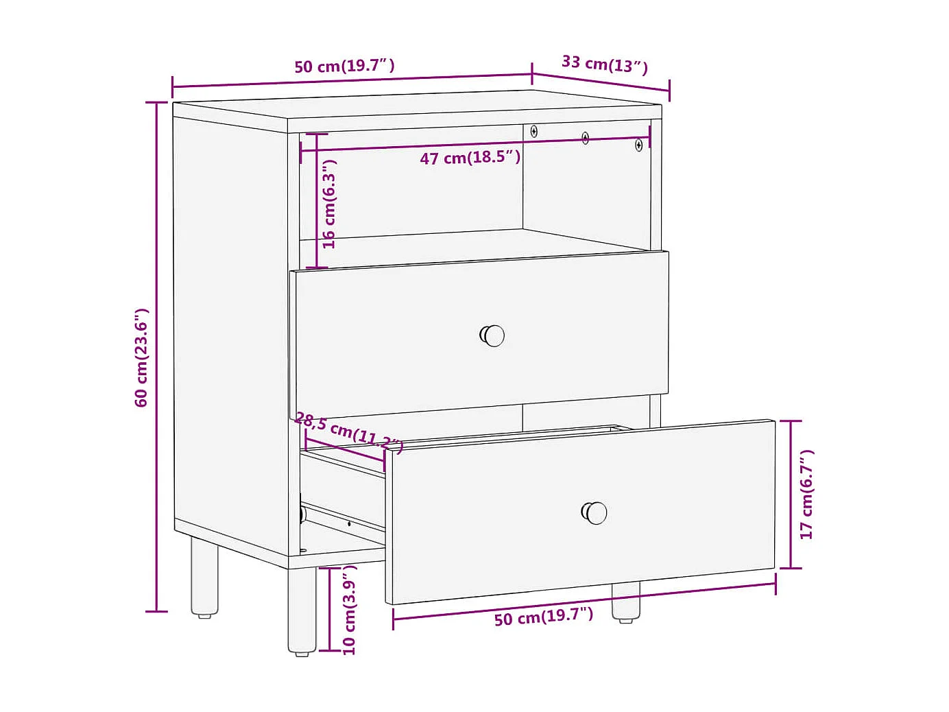 Table de chevet 50x33x60 cm bois d'acacia solide