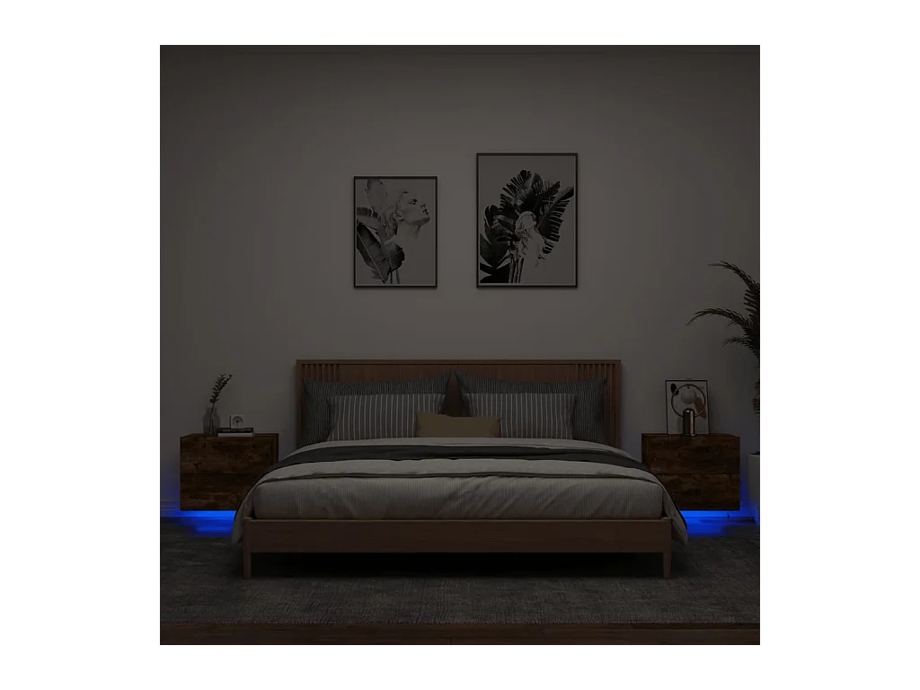 Tables de chevet murales avec lumières LED 2 pcs chêne fumé