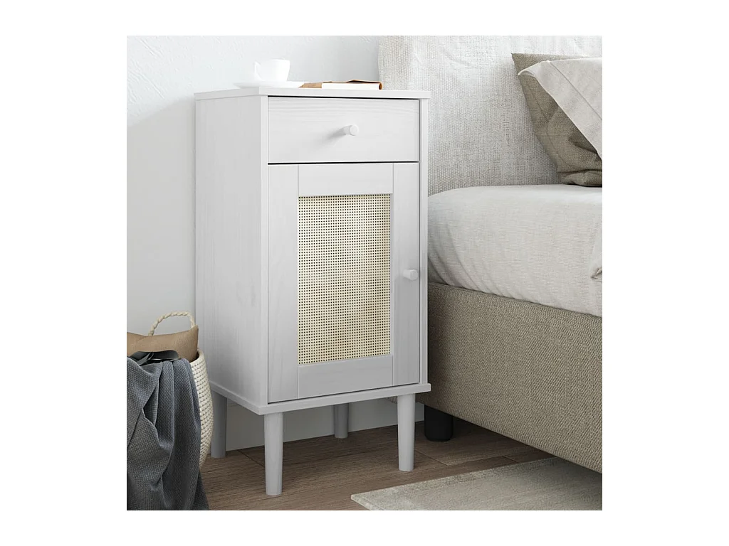 Comodino SENJA Aspetto Rattan Bianco 40x35x80 cm in Legno Pino