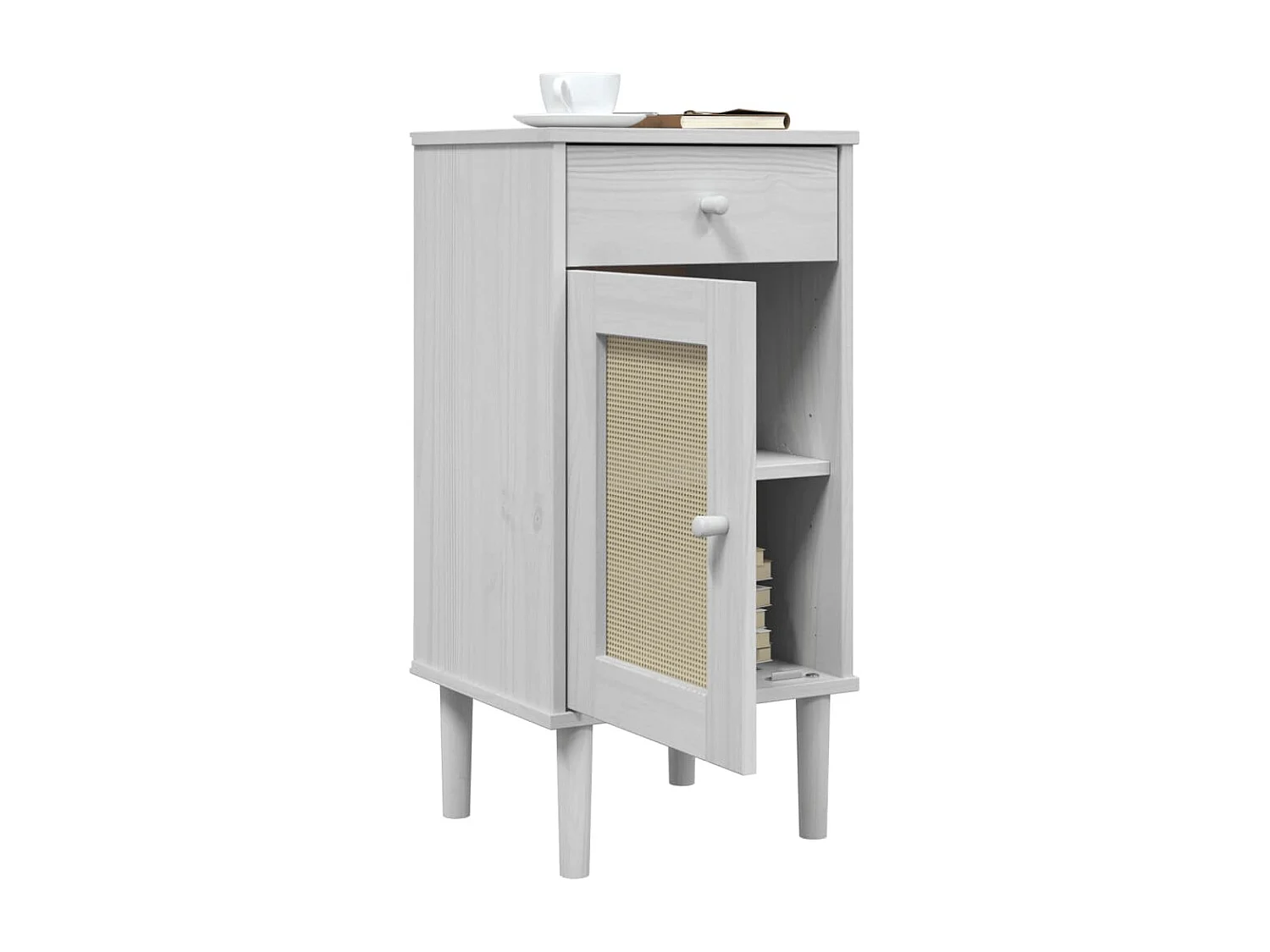 Table de chevet SENJA aspect de rotin blanc bois de pin massif