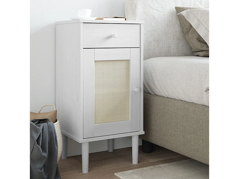 Nachttisch SENJA Rattan-Look Weiß 40x35x80 cm Massivholz Kiefer